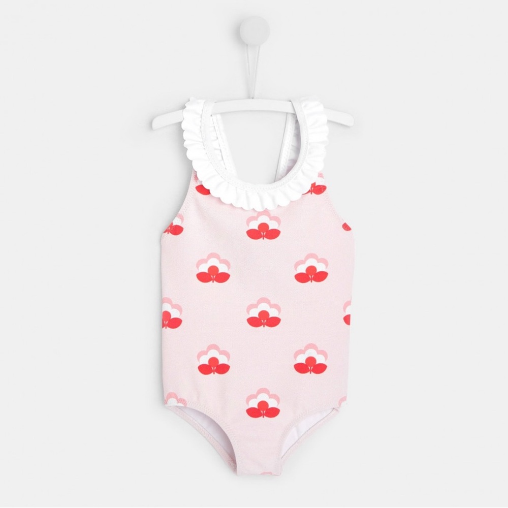 Jacadi Baby Girl Ruffle Swimsuit 3-6M Pink Floral One Piece Infant Swim